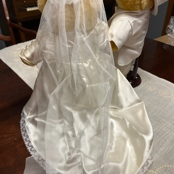 Wedding Teddy Bear Couple in Cream Outfits. Bride. Groom.